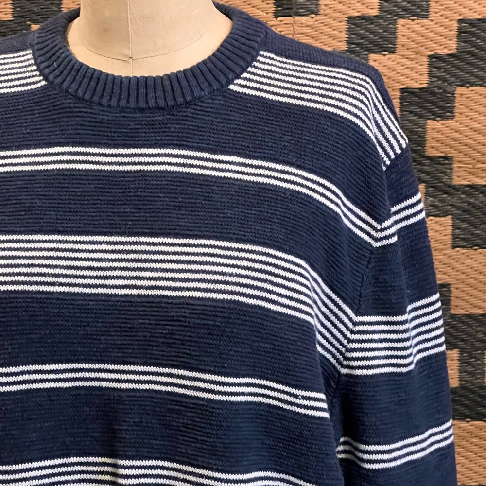 Lands End nautical maritime sweater cotton‎ linen blend navy blue white stripes - Picture 3 of 11